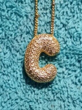 Gold Letter 'C' Pavé Pendant Necklace - Women Jewelry - Heart Cut Outs On Back